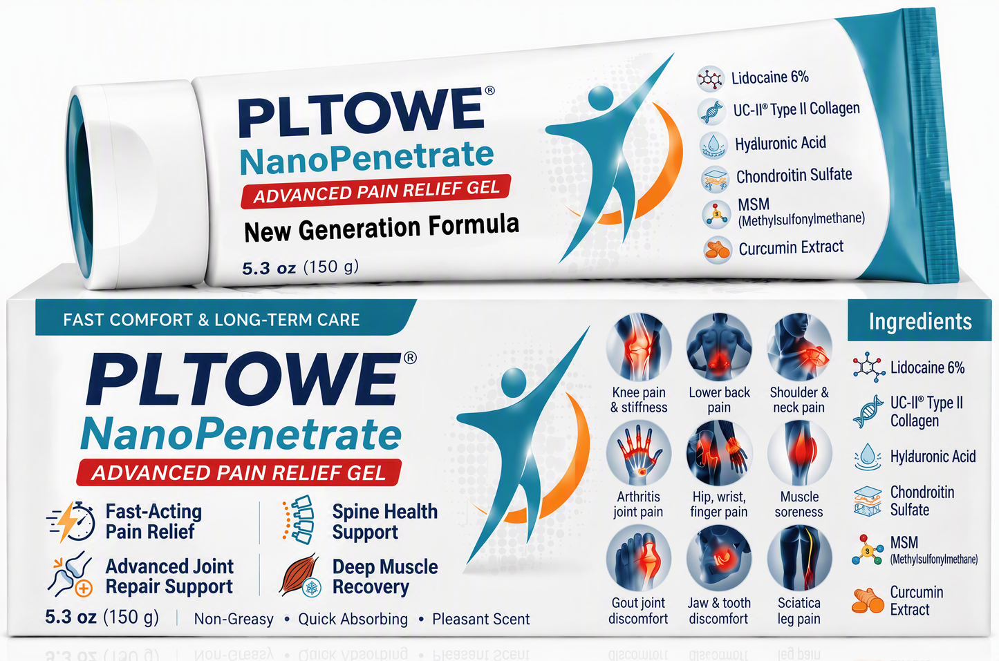 PLTOWE® NanoPenetrate Advanced Pain Relief Gel 🇺🇸 | Fast Comfort & Long-Term Joint & Muscle Care | Lidocaine + Menthol + MSM + Type II Collagen Formula | For Joint Pain, Muscle Soreness & Stiffness 💥